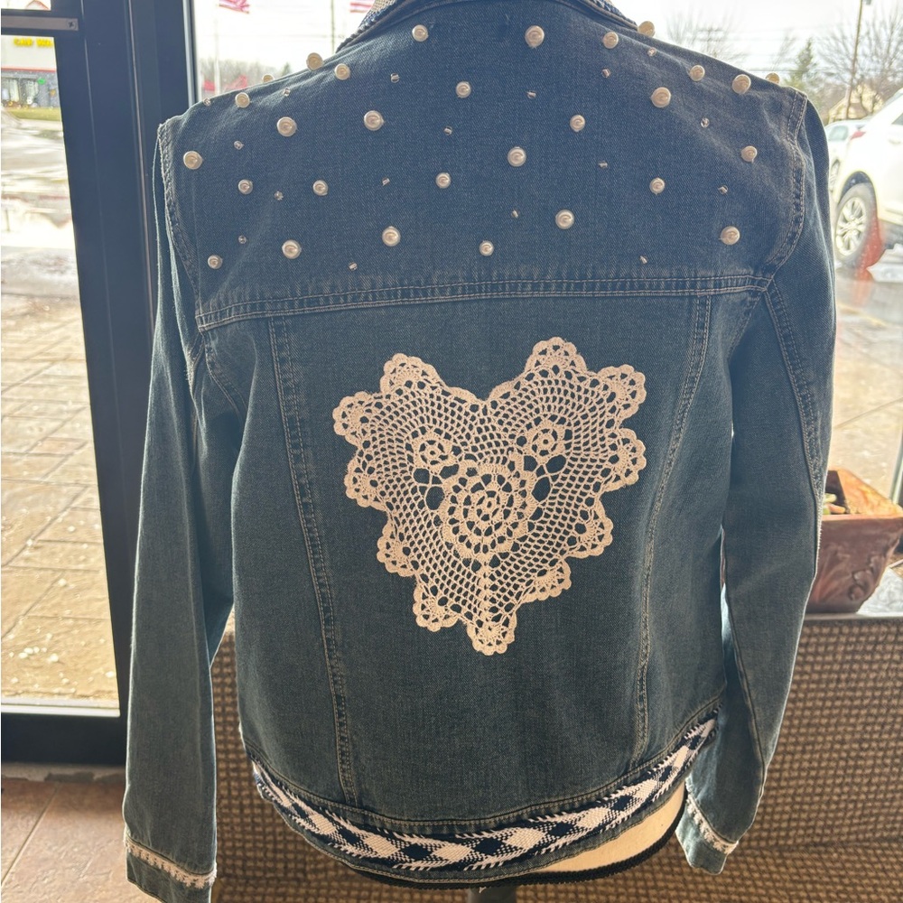 Stylish Blue Jean Jacket with Patterned Collar Pearls and Crystals, Lace Heart